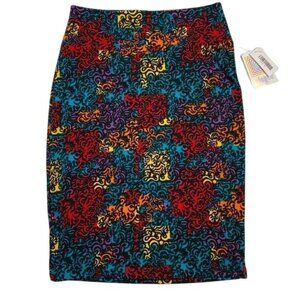 LuLaRoe CASSIE Pencil Skirt Black Yellow Red Swirl Medium M NWT LLR Geometric